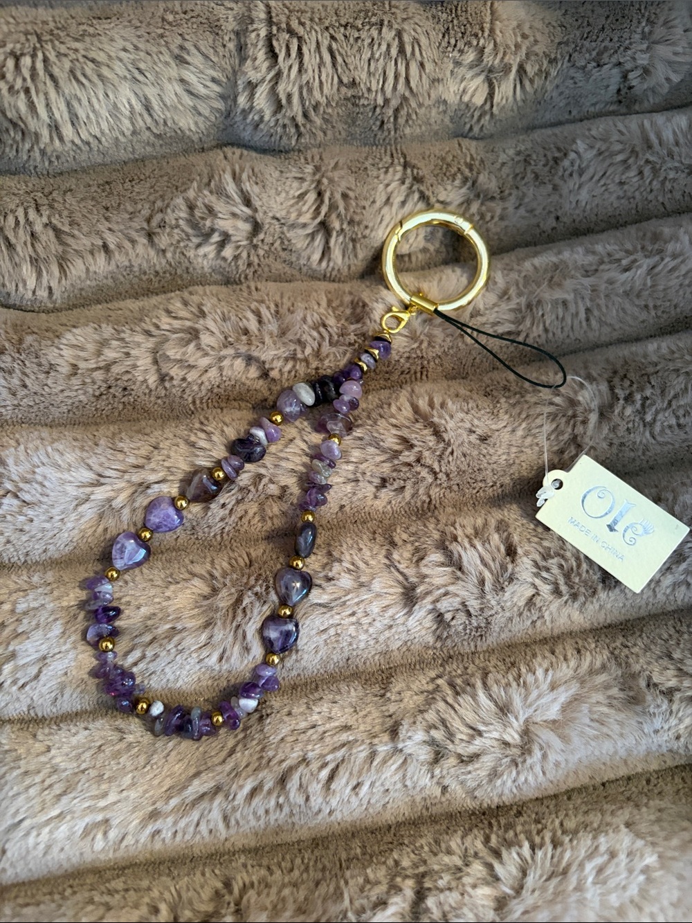 Handmade Amethyst Beaded Wristlet Keychain with Gold Accents -